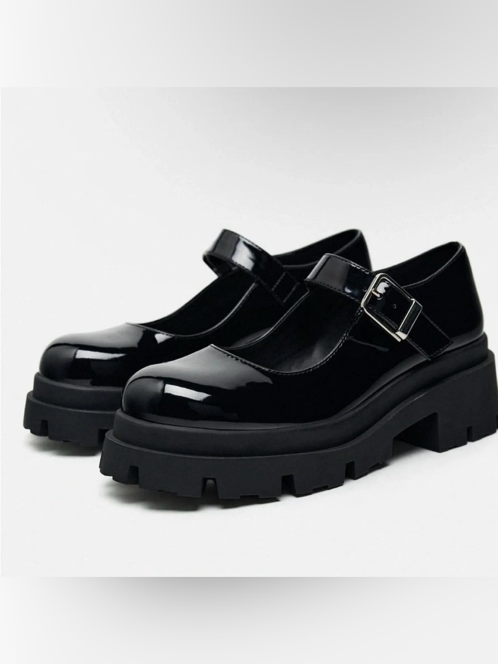 Zara Black Patent Mary Jane Lug Sole Flats